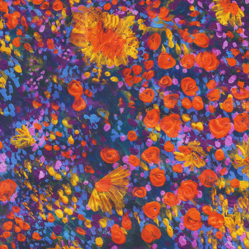 Scan of fabric featuring abstract sunflowers and wildflowers, set against a dark varying background