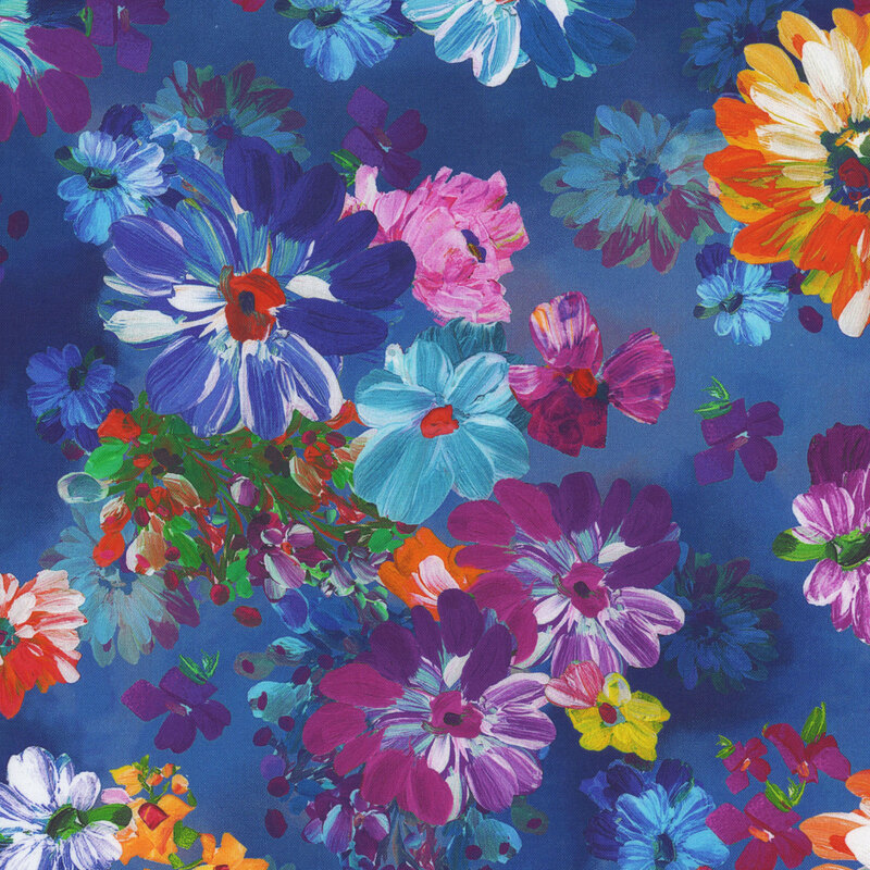 Scan of fabric featuring large blooming flowers with faded flowers behind them, set against a mottled dark blue background