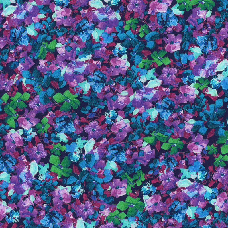 Scan of fabric featuring small flowers in a variety of colors, set against a cool black background