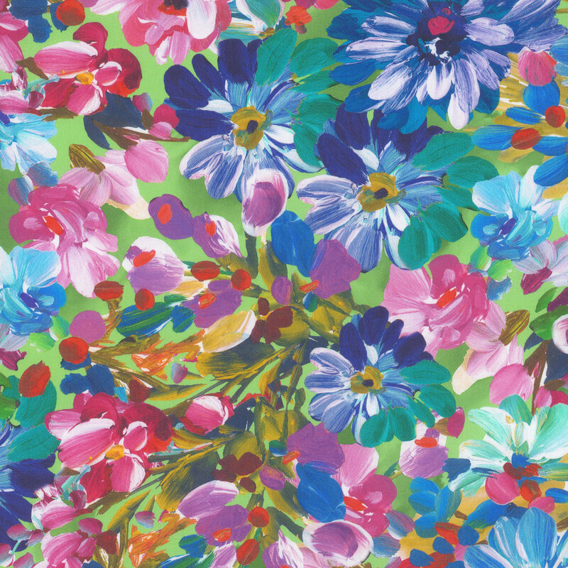 Scan of fabric featuring blooming flowers and petals in a variety of colors, set against a foggy green background
