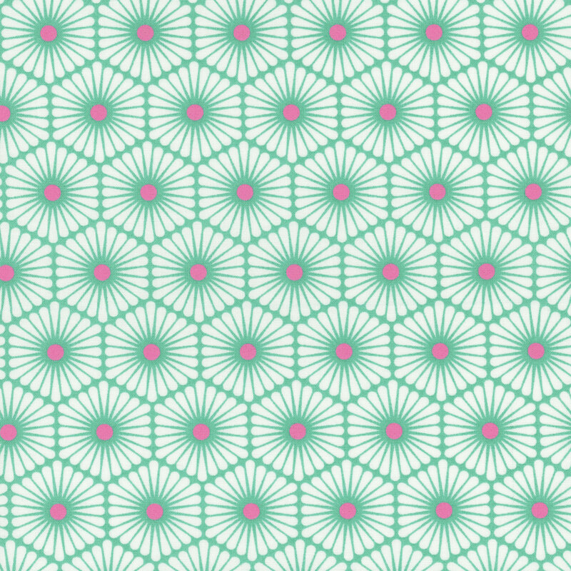 Fabric featuring purple polka dots in the center of connected teal hexagons on a cream background