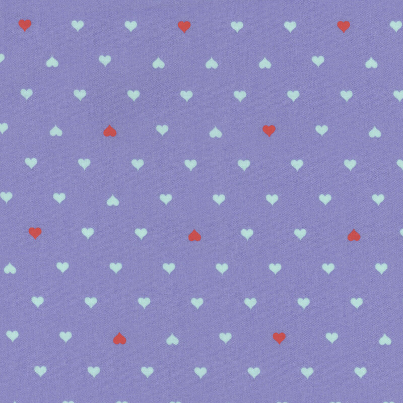 Fabric featuring rows of red and pale blue hearts against a solid periwinkle blue background