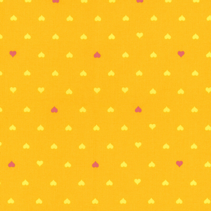 Fabric featuring rows of pink and light yellow hearts against a solid golden yellow background