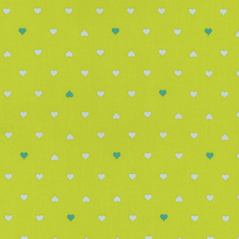 Fabric featuring rows of teal and light green hearts against a solid lime green background