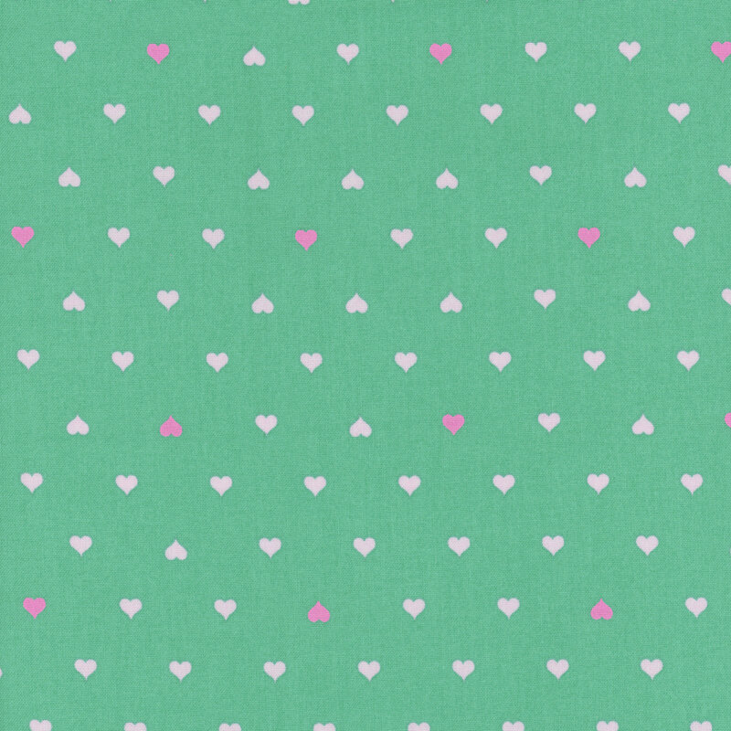Fabric featuring rows of pink and purple hearts against a solid aqua background