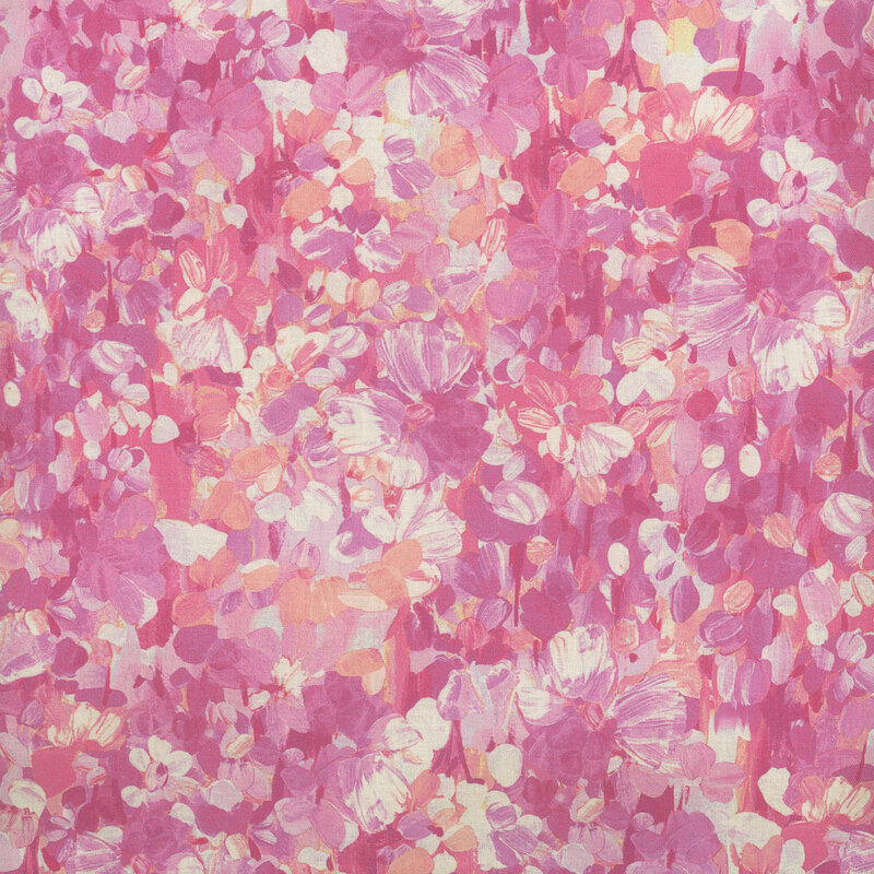 Scan of fabric featuring abstract flowers and petals in various shades of pink, set against a pastel pink background
