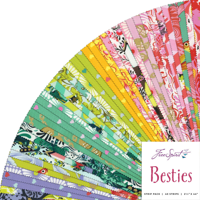 a collage of a colorful rainbow of fabrics included in Besties Jelly Roll
