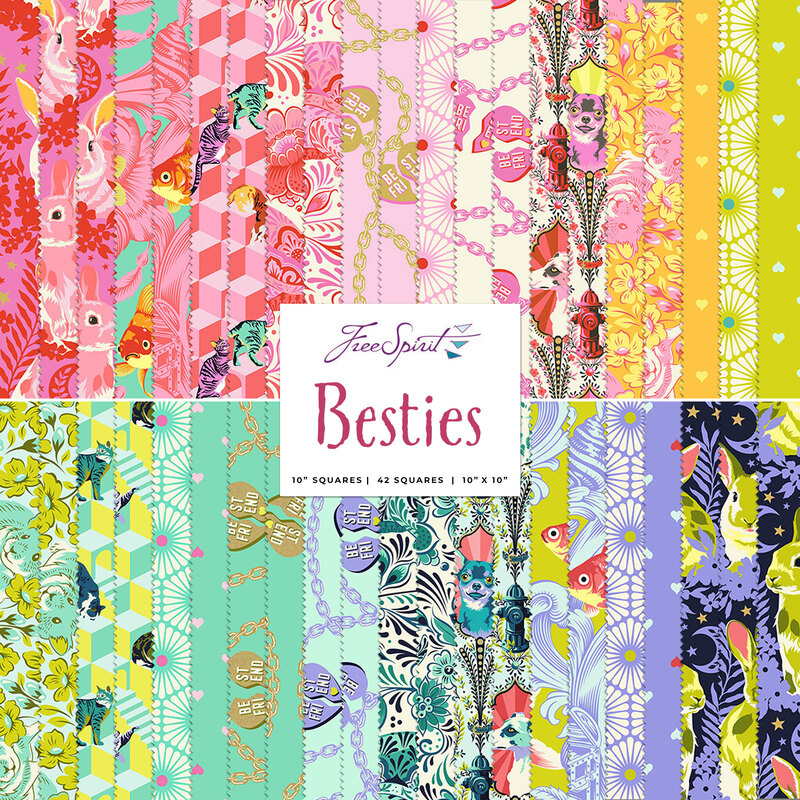 A collage of a colorful rainbow of fabrics included in the Besties 10