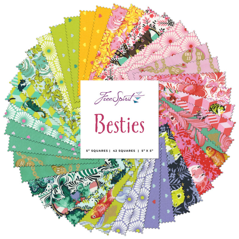 A collage of a colorful rainbow of fabrics included in the Besties Charm Pack
