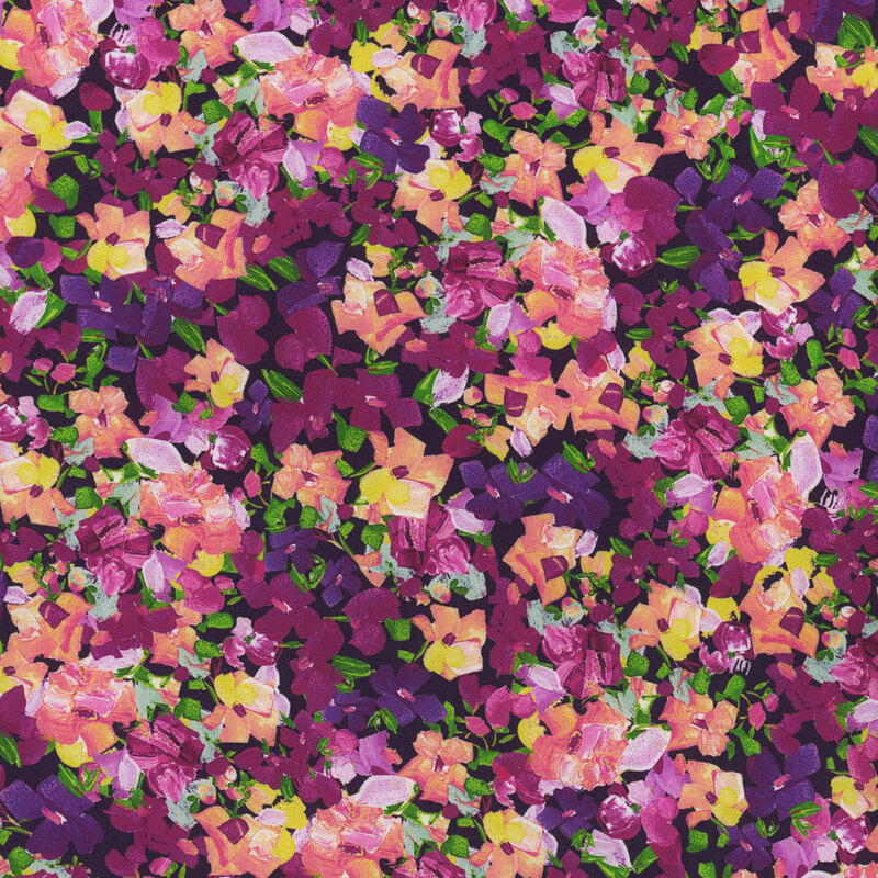 Scan of fabric featuring small flowers and petals in various colors, set against a purple-black background