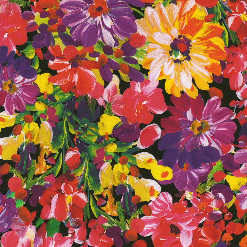 Scan of fabric featuring large, vibrant flowers and petals set against a black background