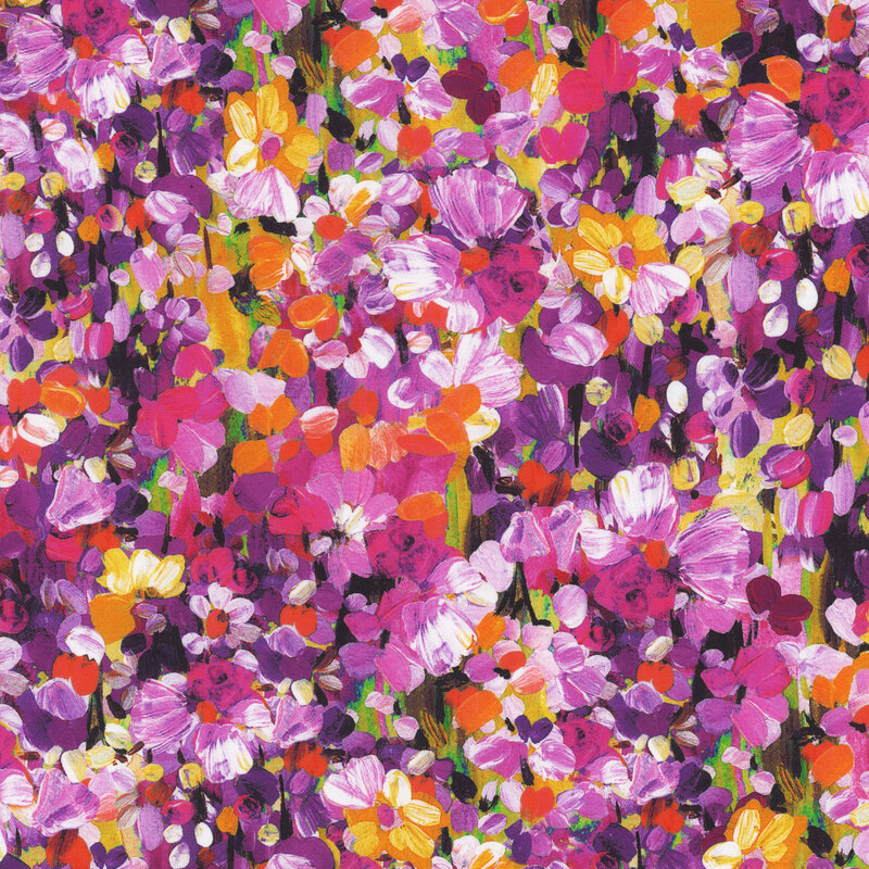 Scan of fabric featuring flowers and petals in shades of pink, purple, yellow, and orange set against a multicolored striated background