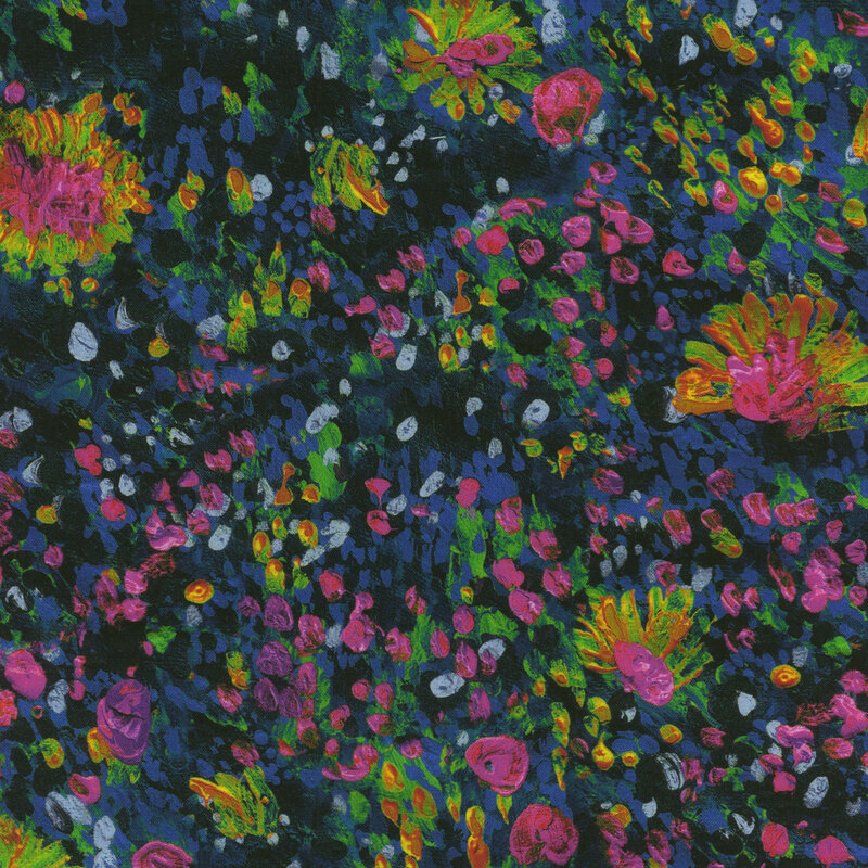 Scan of fabric featuring abstract sunflower shapes and wildflowers set against a mottled blue background