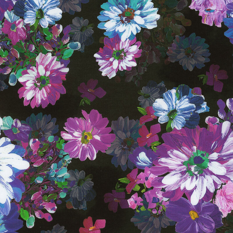Scan of fabric featuring large, blooming flowers in the foreground and faded flowers set against a black background