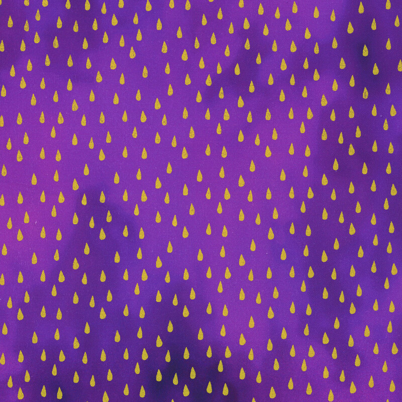 Mottled purple fabric with gold metallic rain drop accents all over