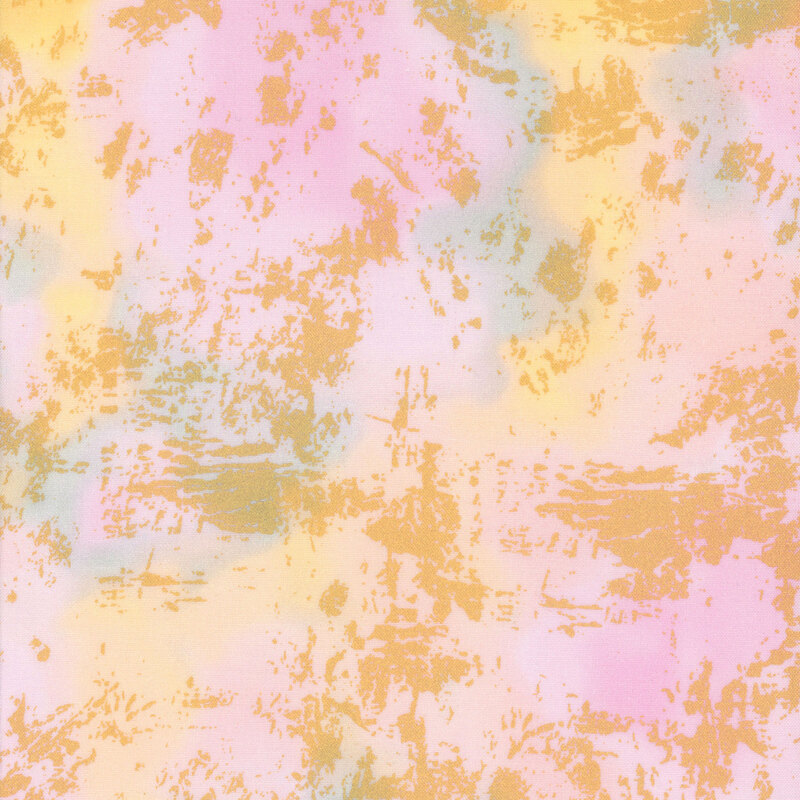 Pale pink fabric with yellow mottled areas and gold metallic grungy accents