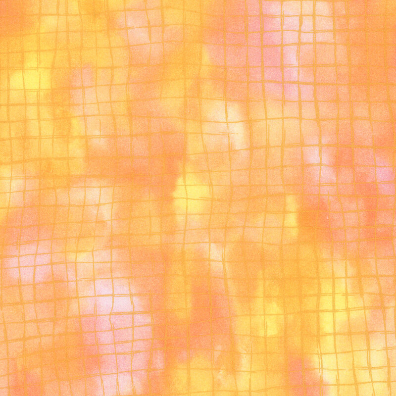 Light peach fabric with cream and yellow mottling with a wavy gold metallic grid overlay