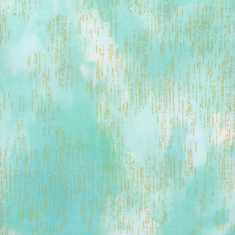 Pastel aqua fabric with pale blue mottling throughout and dotted gold metallic accents