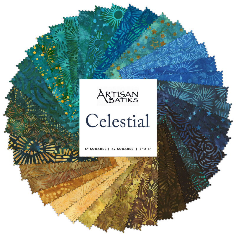 A collage of fabrics included in the Artisan Batiks Celestial charm pack