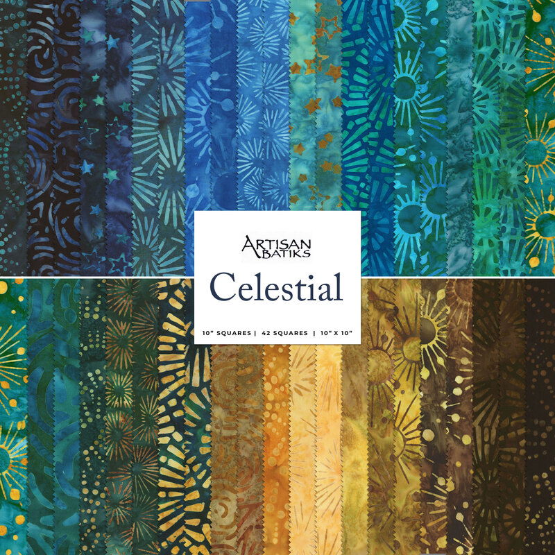 A collage of fabrics included in the Artisan Batiks Celestial layer cake