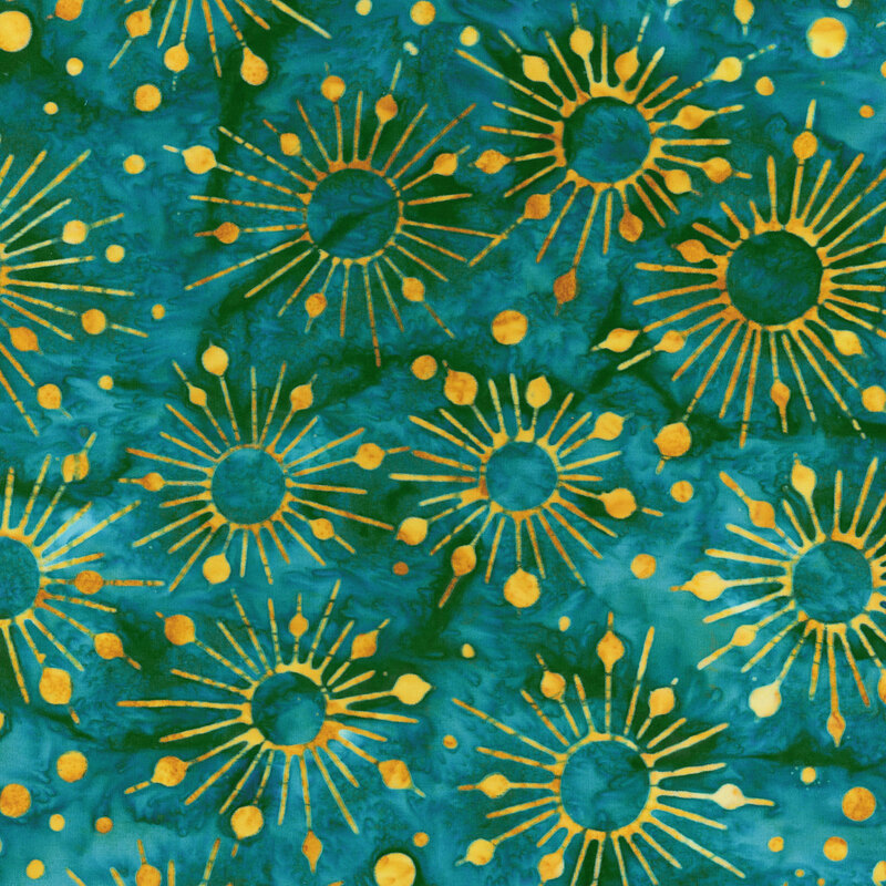 Teal mottled batik fabric with golden yellow starbursts and dots all over