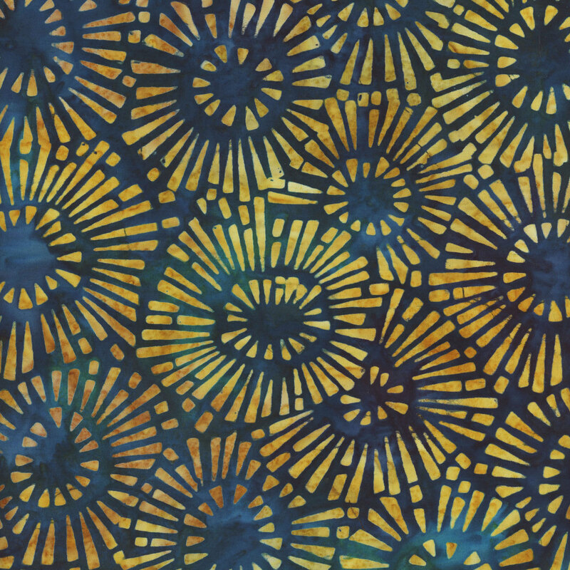 Teal blue mottled fabric with bright yellow star bursts