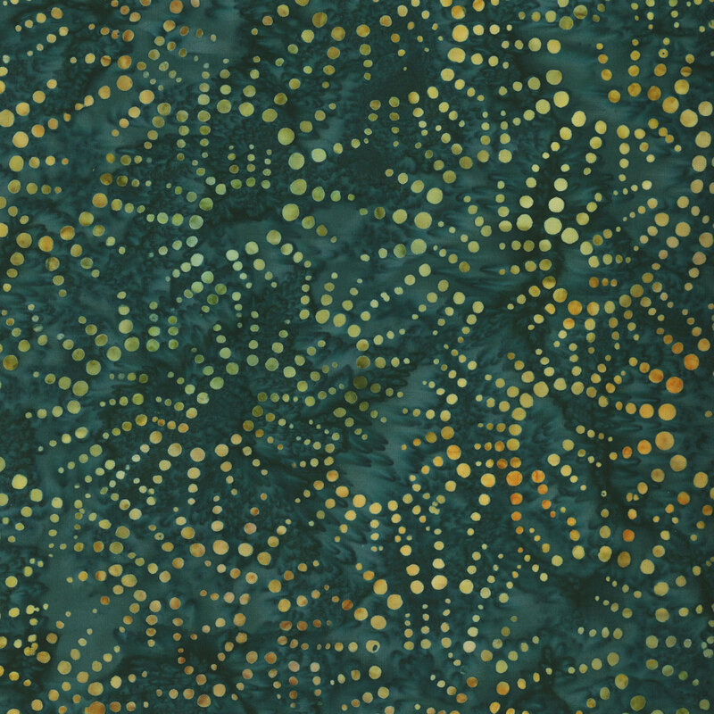 Mottled teal fabric with dotted golden yellow half sun shapes all over