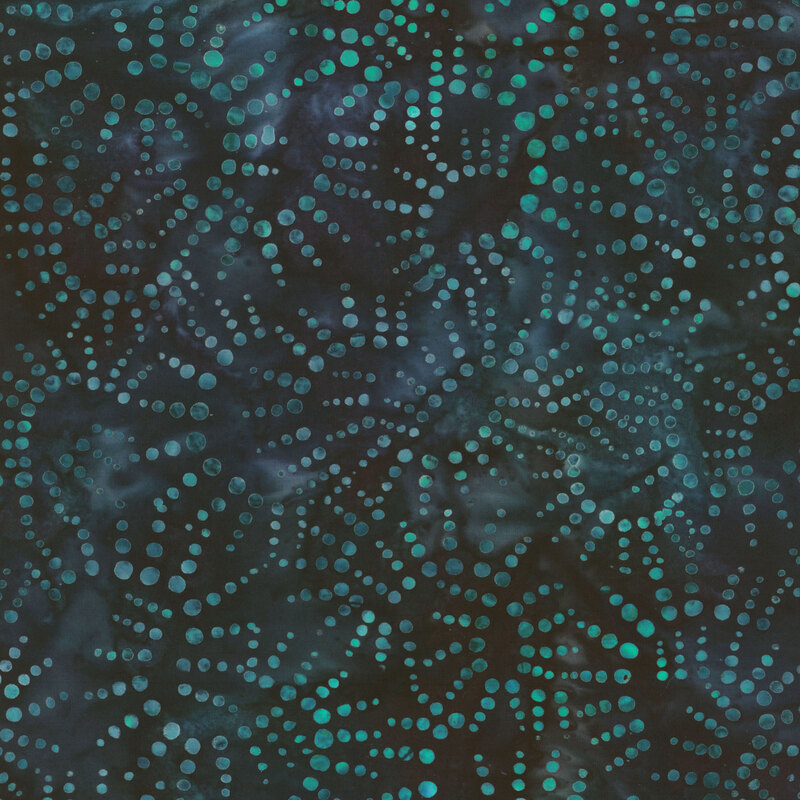 Mottled dark teal batik fabric with light aqua and teal dotted shapes