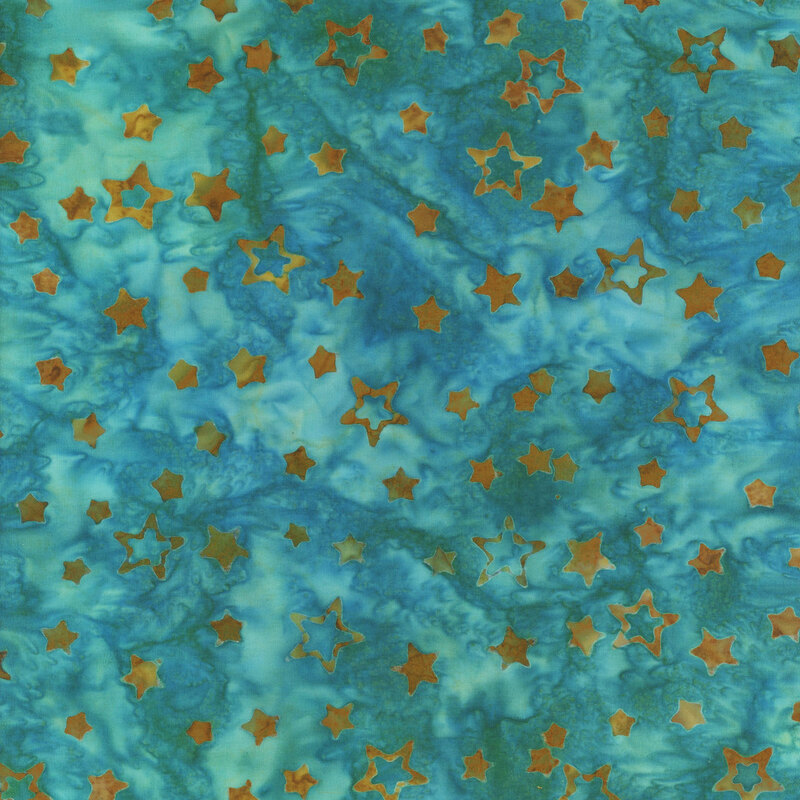 A marbled aqua blue batik with golden yellow and brown stars all over