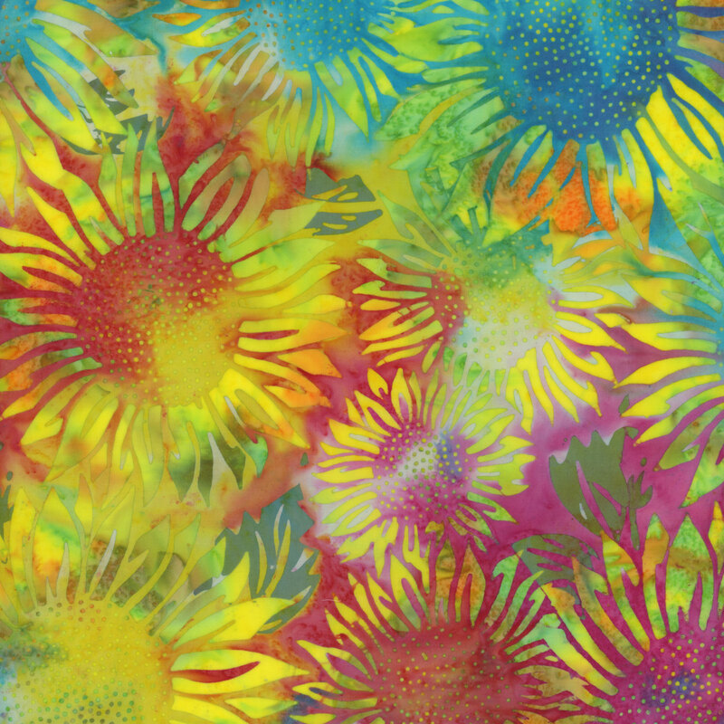 multicolored mottled fabric with bright neon colors and chartreuse sunflowers all over