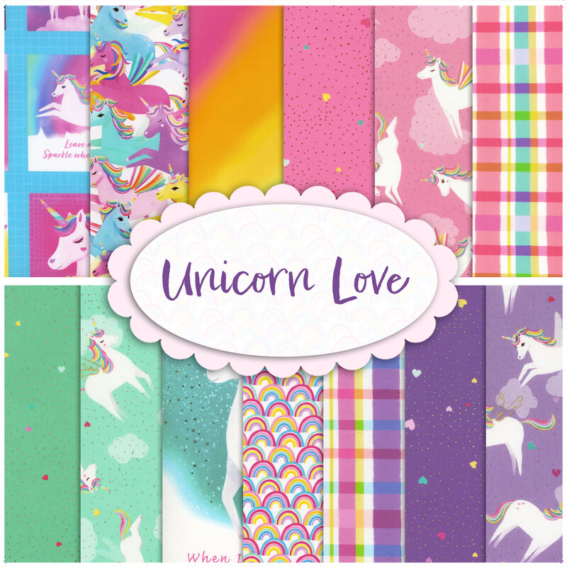 collage of all fabrics included in Unicorn Love collection