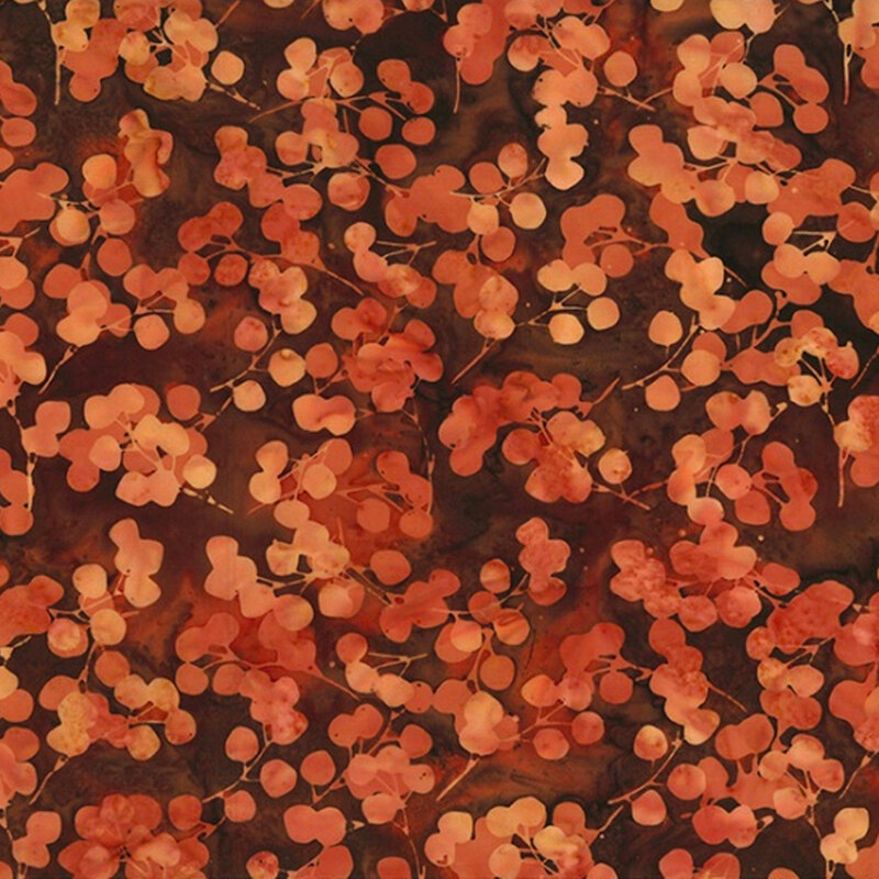 Carnelian and vermillion petal-like shapes over a mottled background of the same tonal reds and oranges