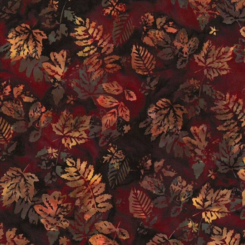 Lightly colored, mottled leaves over a deep red brown mottled background