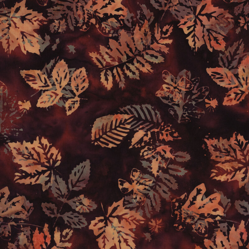Lightly colored, mottled leaves over a deep red brown mottled background