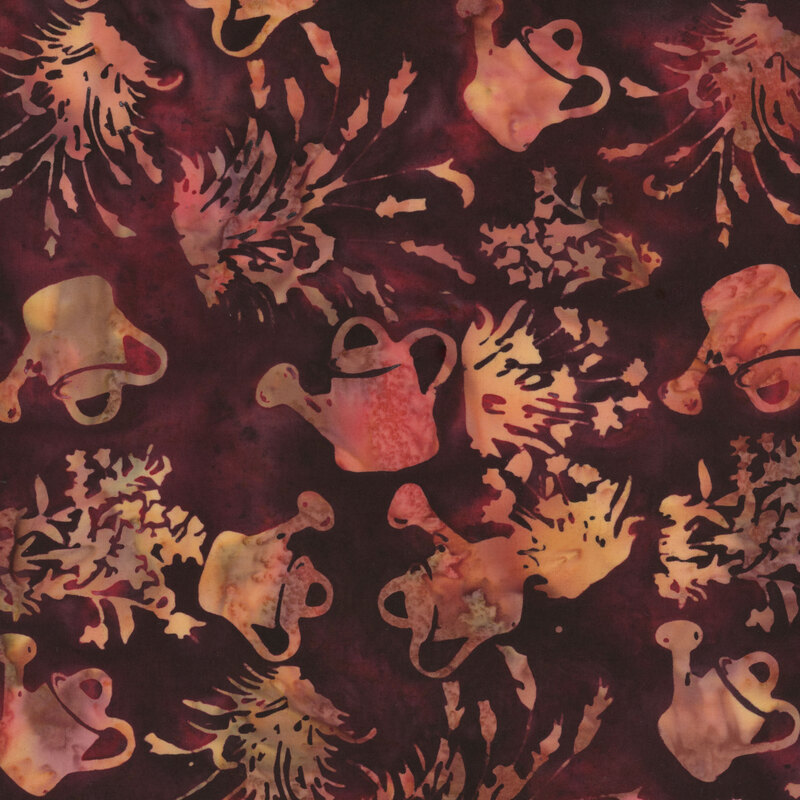 Mottled and marbled wine red fabric with pink and yellow watering can and floral accents 