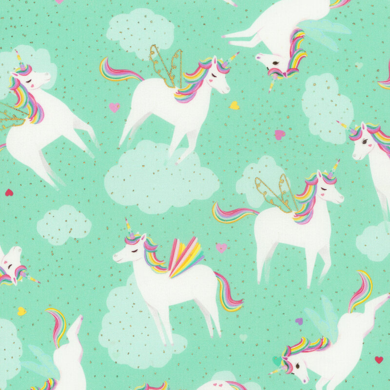 fabric with leaping winged unicorns on a turquoise background with clouds and tossed multicolored hearts, all with gold accents