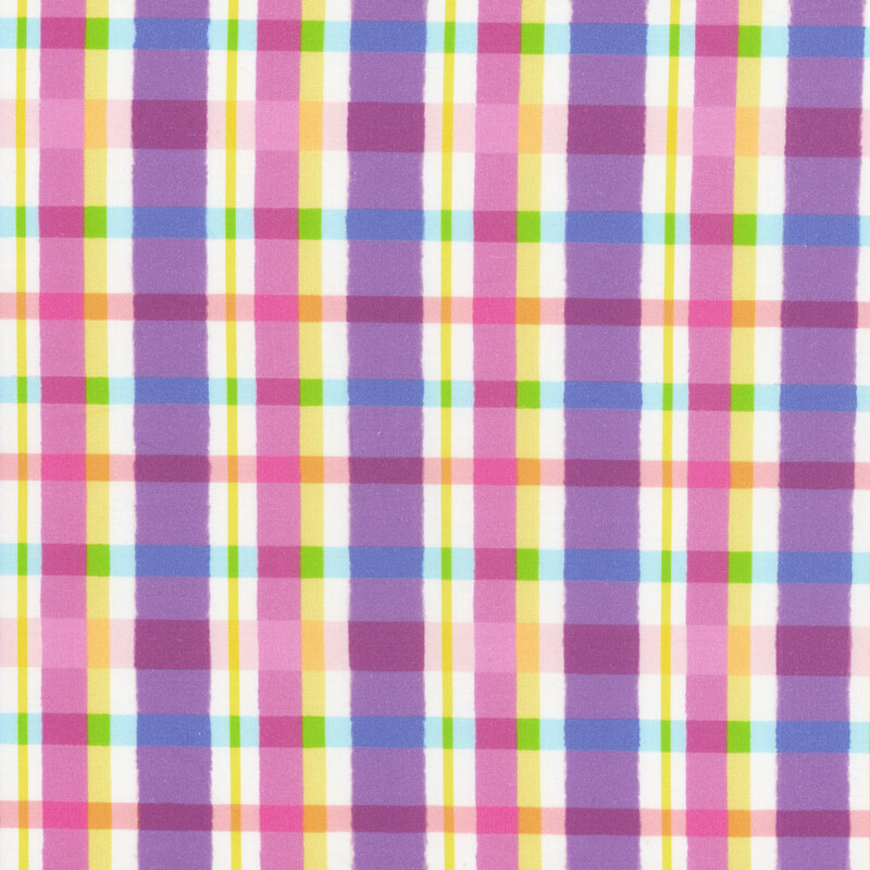 This fabric features purple plaid with white, pink, blue and yellow accent stripes.