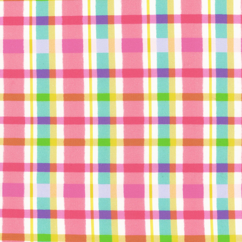 This fabric features pink plaid with white, purple, blue and yellow accent stripes.