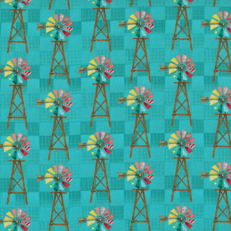 Teal fabric with a tonal checkered pattern with directional, upright, multicolored wind fans evenly spaced all over