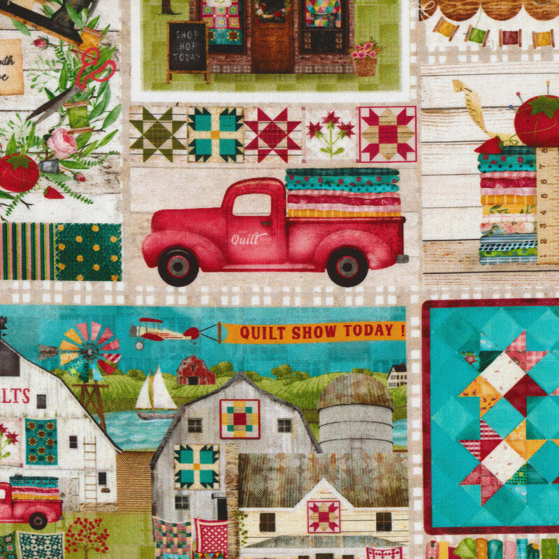 close up of fabric swatch featuring tiled images of little red trucks, farm scenes, wreaths, and more.