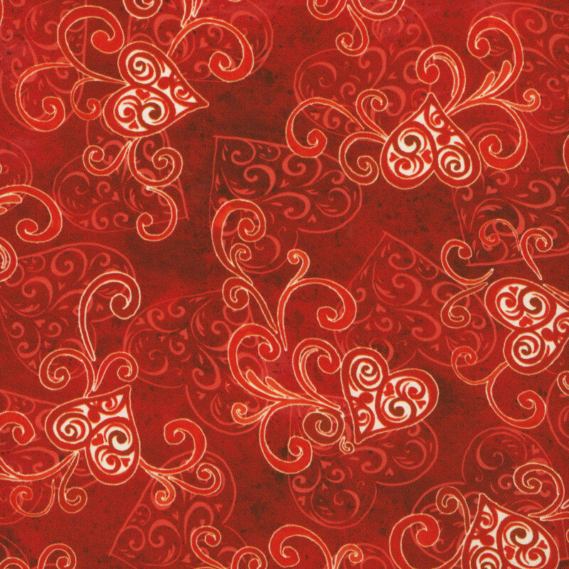 Scan of fabric featuring red hearts composed of swirls in the foreground, with tonal red hearts on a textured red background