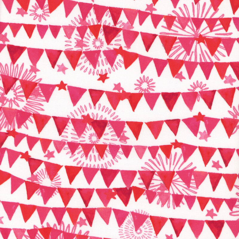 Scan of fabric featuring red and pink triangle banners strung across a white background with small stars and fireworks