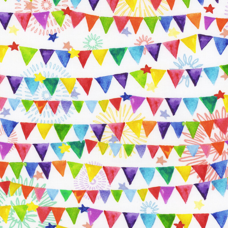 Scan of fabric featuring multicolor triangle banners strung across a white background with small stars and fireworks