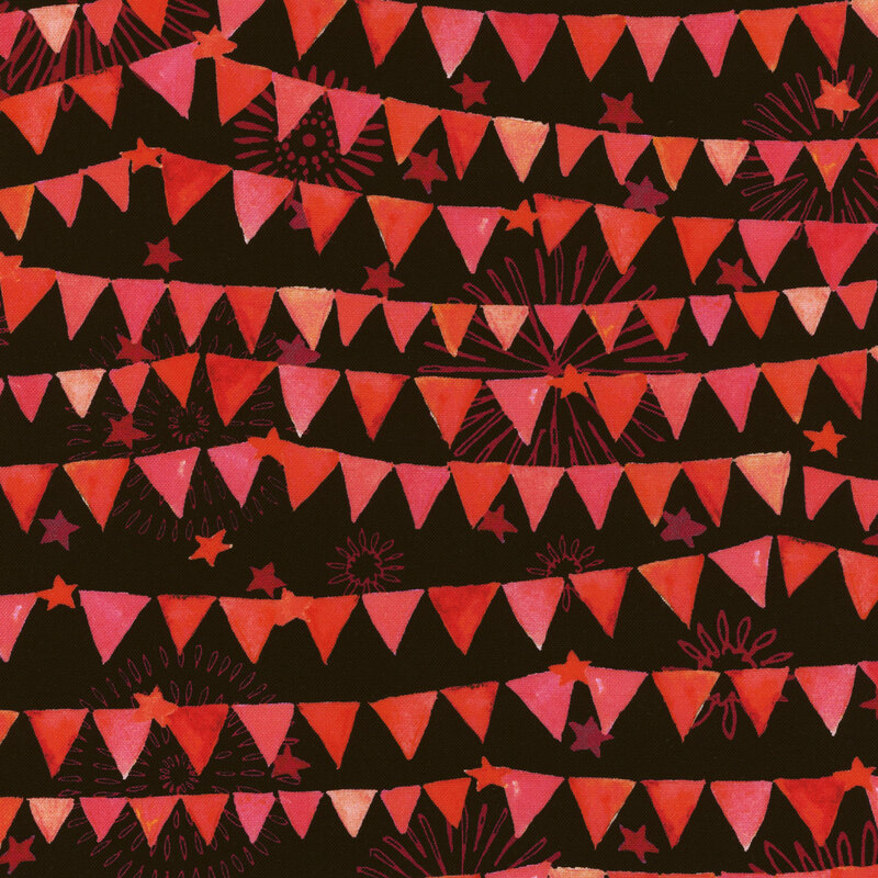 Scan of fabric featuring red and pink triangle banners strung across a black background with small stars and fireworks