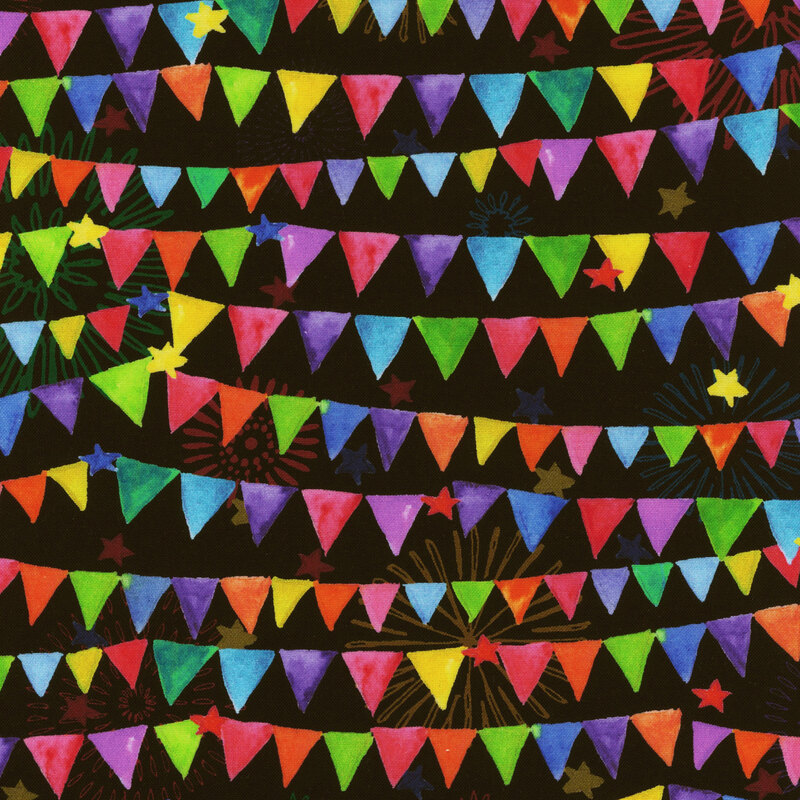 Scan of fabric featuring multicolor triangle banners strung across a black background with small stars and fireworks