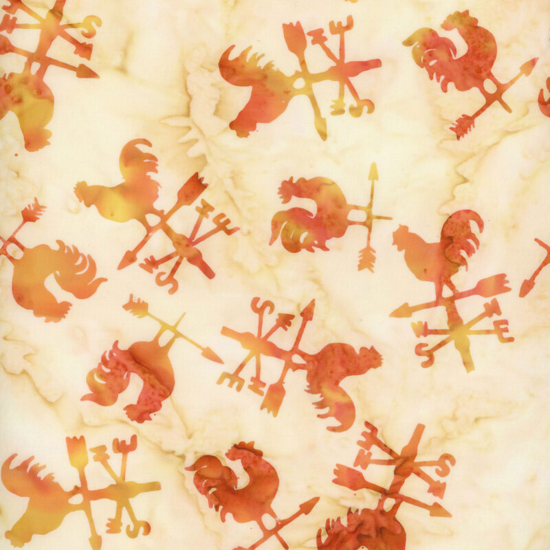 Mottled cream fabric with tossed orange weathervanes featuring roosters all over