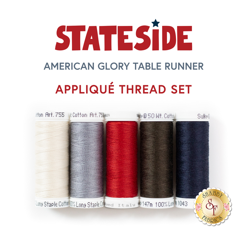 isolated image of 5 spools of thread in red, white, blue, and neutral colors with the words 