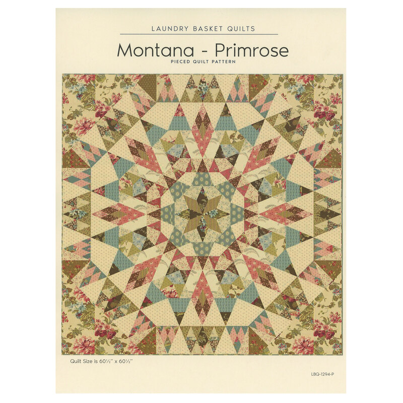 Scan of the front of the Montana - Primrose pattern booklet showcasing the finished quilt