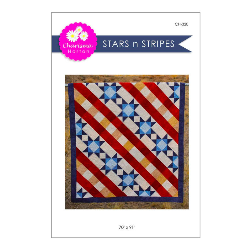 Front of the Stars n Stripes pattern with an image of the finished red, white, blue, and yellow quilt draped over a fence
