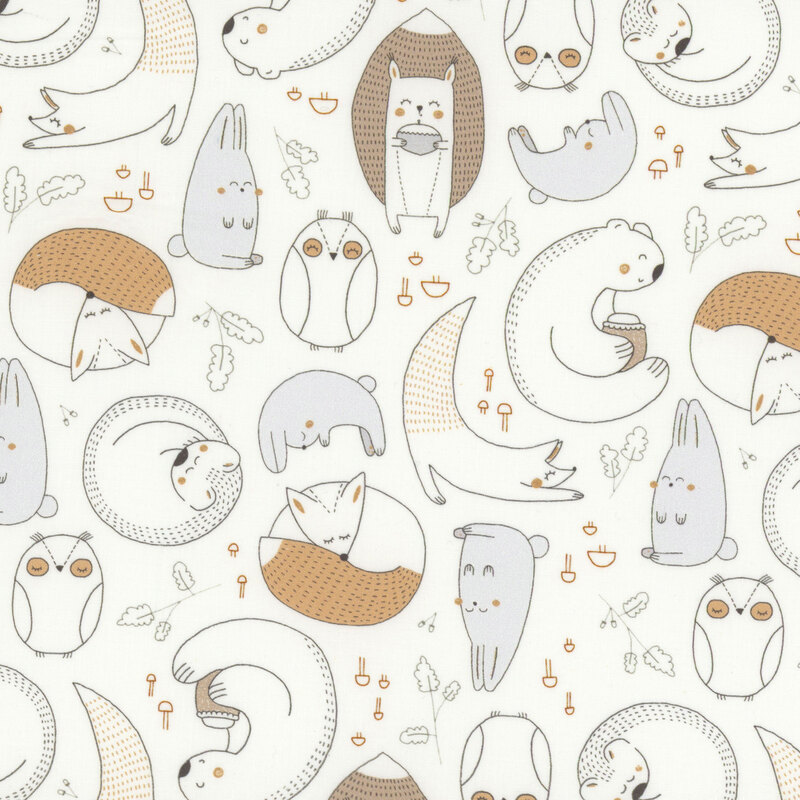 A light cream fabric with cute illustrations of small animals and little sprigs all over